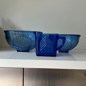 Hazel Atlas Cobalt bowls and creamer